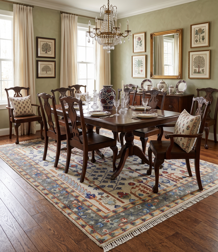 Hand Knotted Antique Ivory, Blue and Gray Traditional Style Oushak Wool Rug