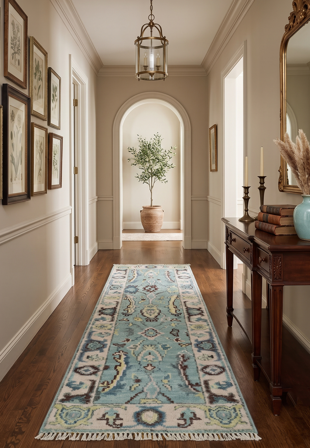 Custom Made Runner Seafoam And Peach Oushak Hand Knotted Wool Rug