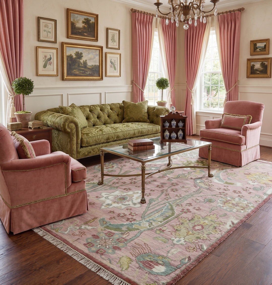 The Peacock Garden Pink and Green Peacock Bird Hand Knotted Multi size Wool Area Rug