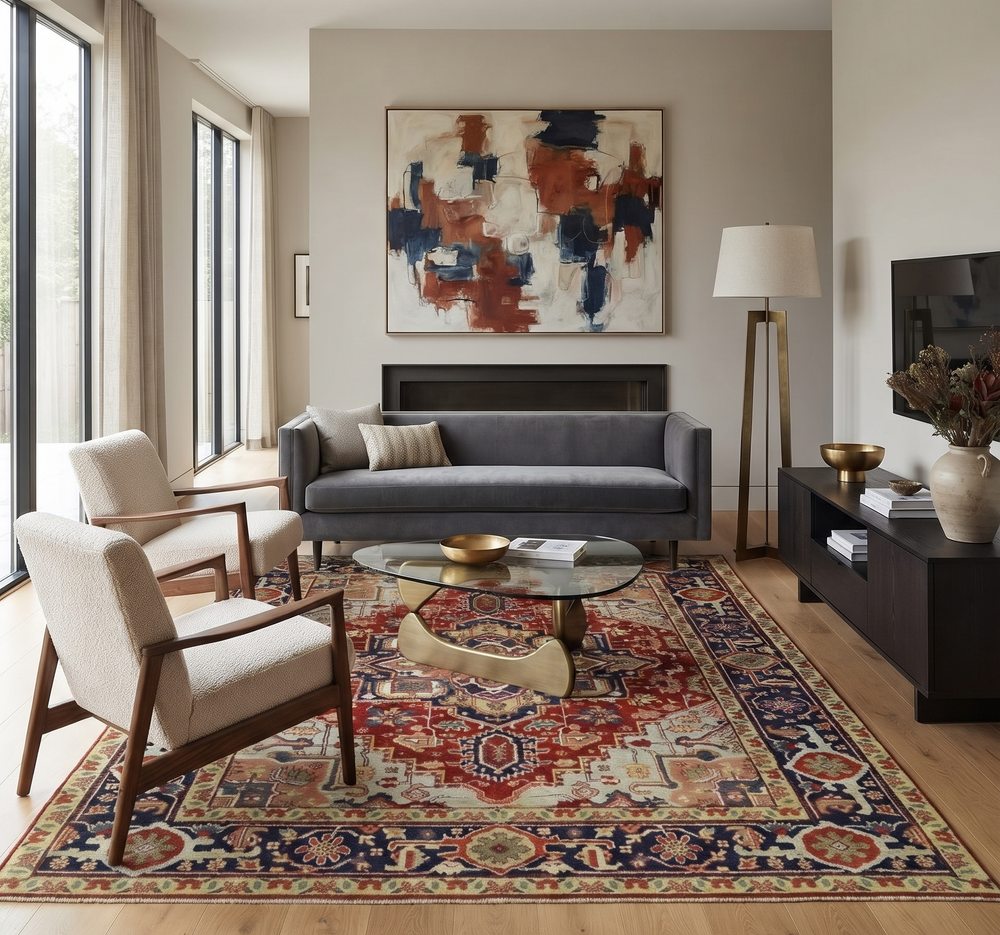 Red and blue medallion wool rug displayed beneath a living room coffee table