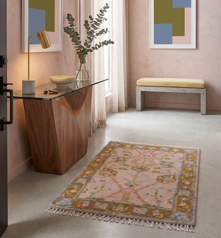 Traditional Peach And Brown Hand Knotted 2x3 Wool Rug