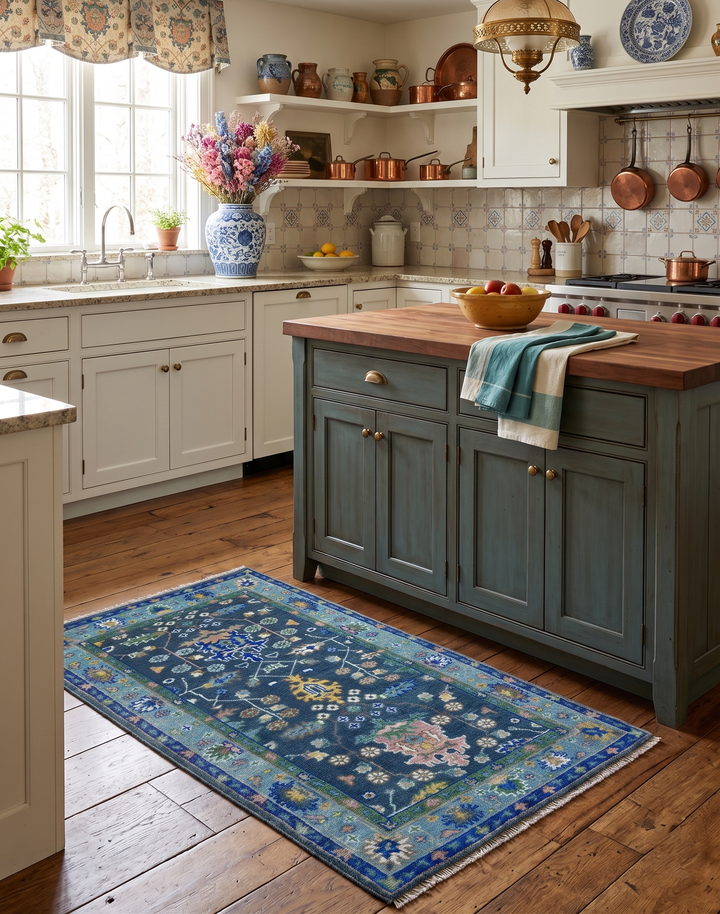 Ready to Ship 5x8 Hand Knotted Green and Blue Turkish Design Wool Rug