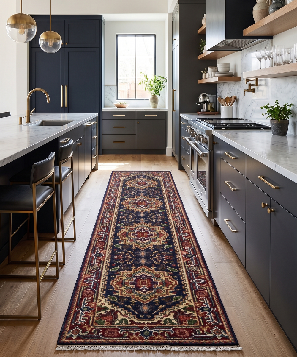 Patterned red and dark blue wool runner rug laid in a modern kitchen