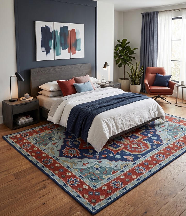 Traditional Heriz Brown, Blue and Gray Hand Knotted Custom Made Wool Area Rug
