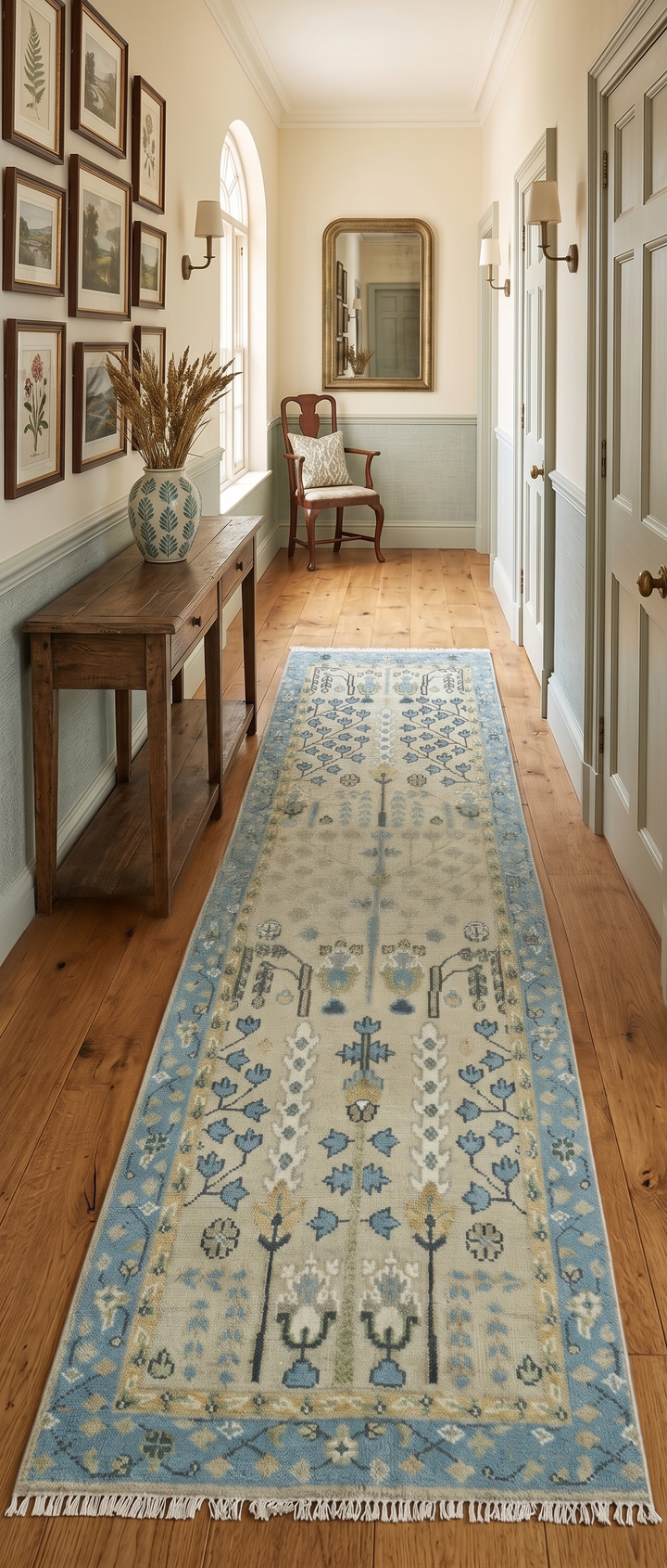 Custom Made Hand Knotted Tree of Life Beige And Blue Runner Wool Rug