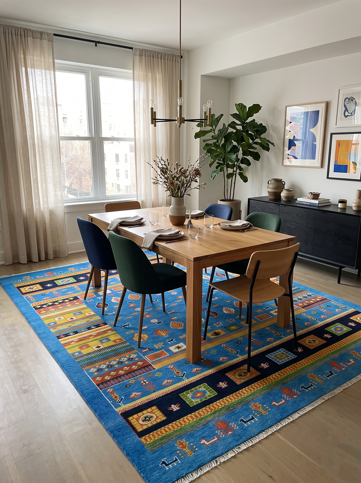 Tribal Gabbeh Blue, Black, Green and Rust Hand knotted Antique Look Traditional Wool Area Rug