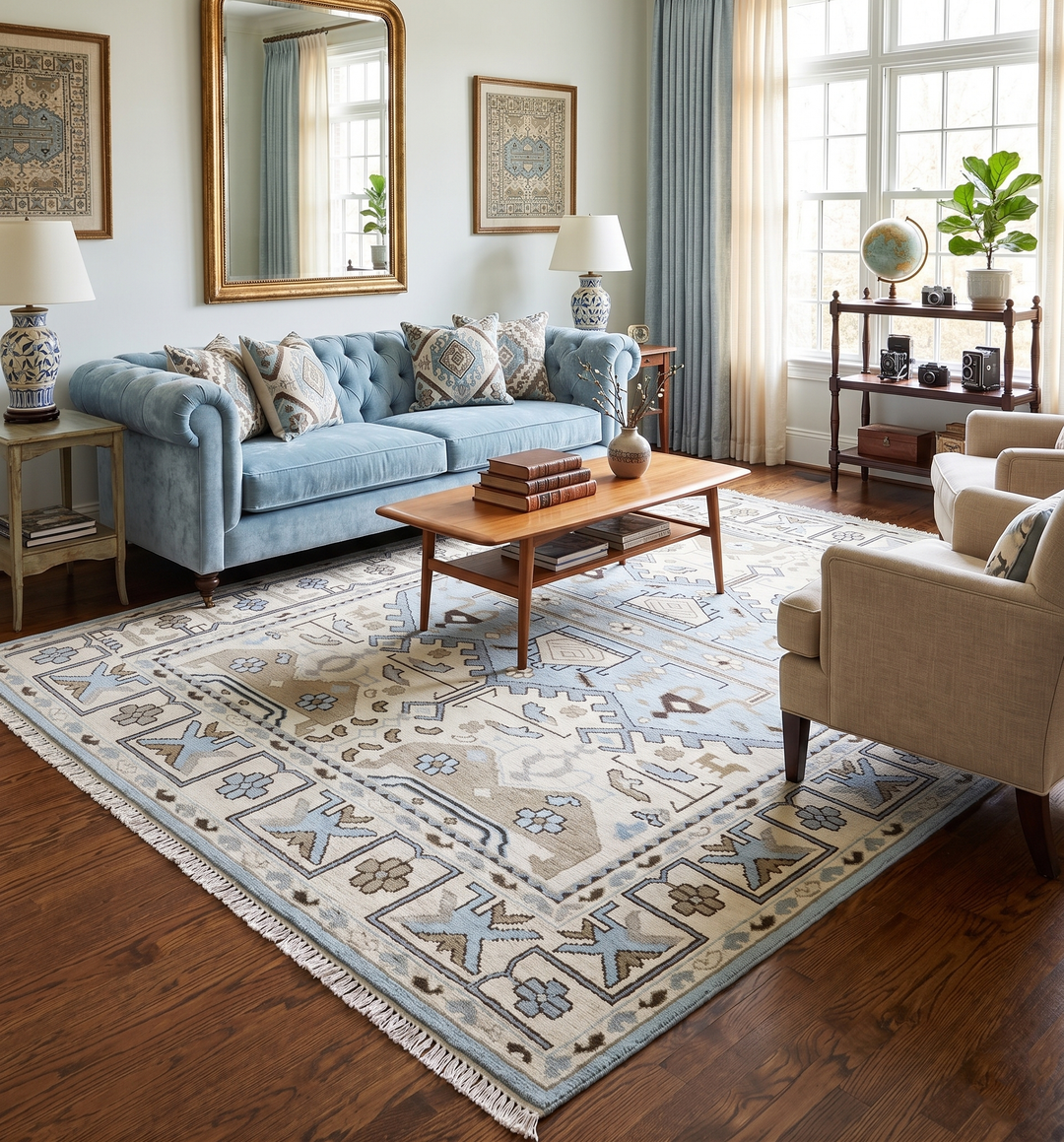 Antique Ivory and Blue Traditional Hand Knotted 8x10 Wool Area Rug