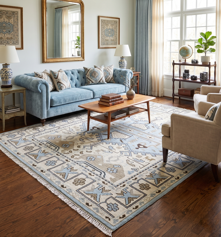 Antique Ivory and Blue Traditional Hand Knotted 8x10 Wool Area Rug