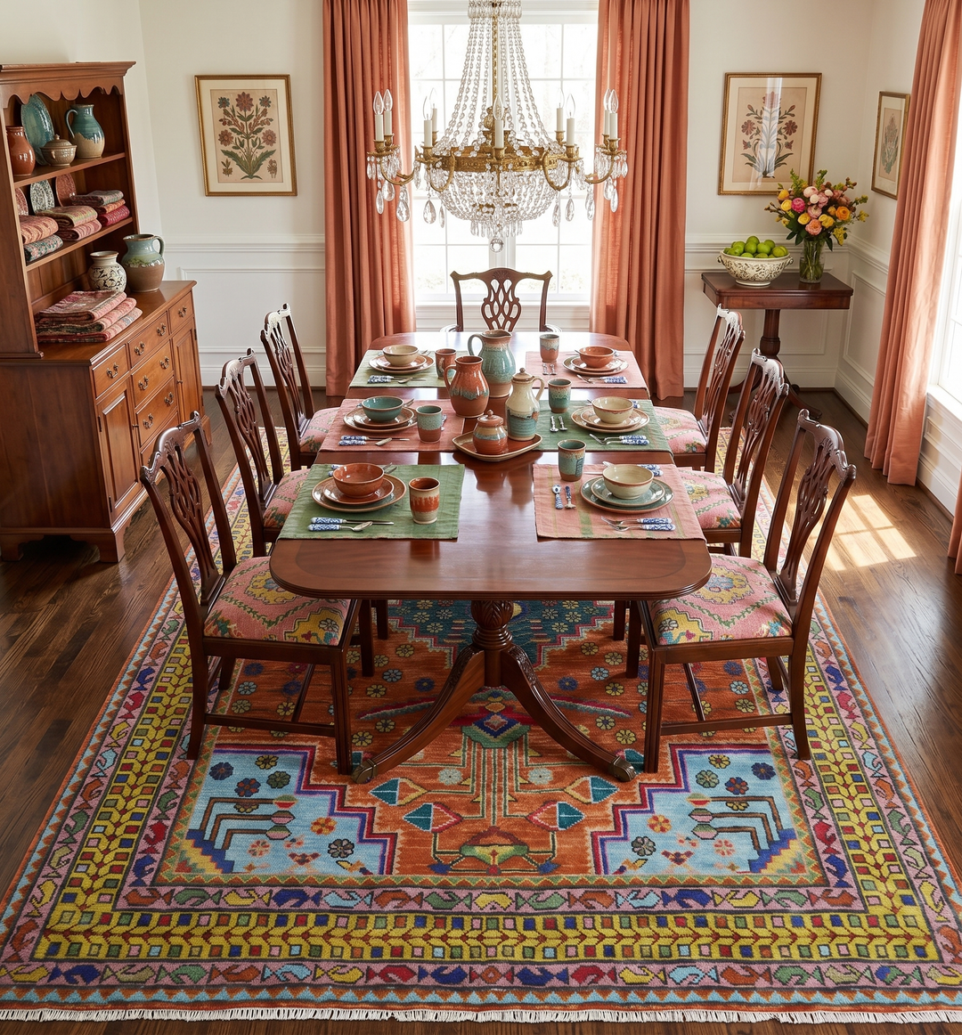 Hand Knotted Rust and Blue Traditional Floral Multi Size Wool Area Rug