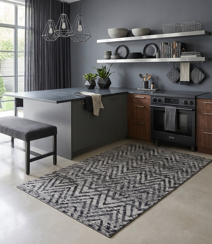 Chevron Silver and Black Shaded 5x8 Bamboo Silk Handwoven Area Rug