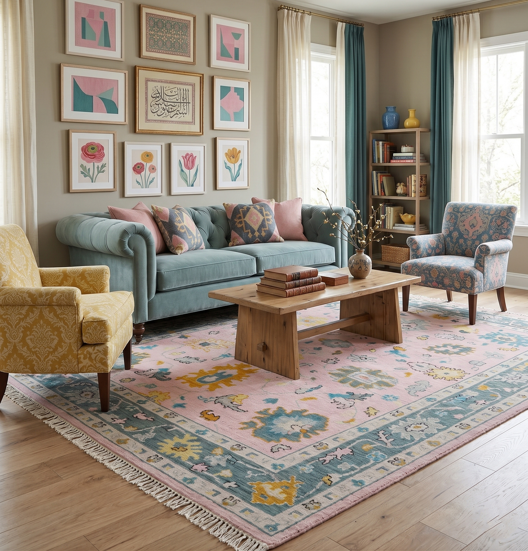 Custom Made Pink and Gray Hand knotted Traditional Oushak wool Area Rug