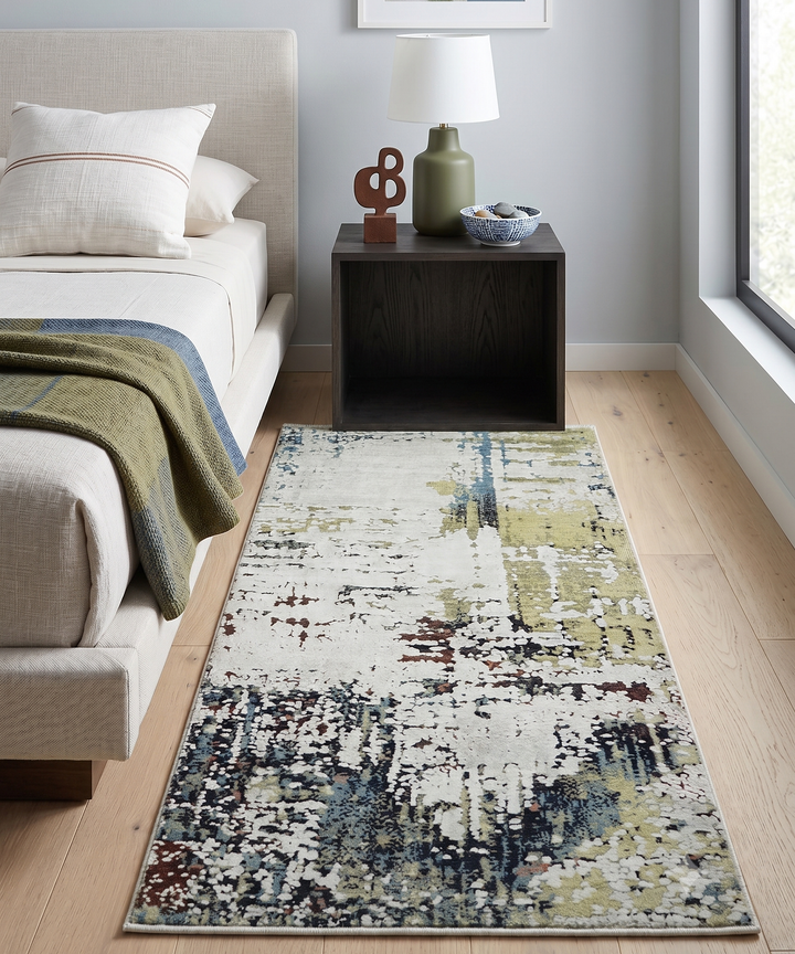 Modern Abstract 2x4 High Low Ivory and Olive Real Silk and Wool Rug