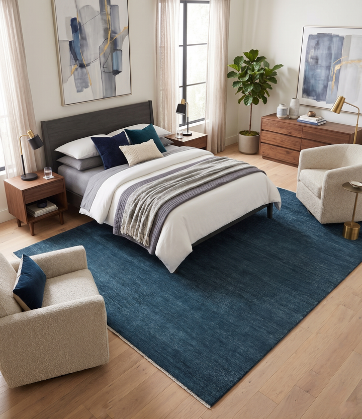 Solid dark blue hand-knotted wool area rug, 8x10 rectangle, in bedroom