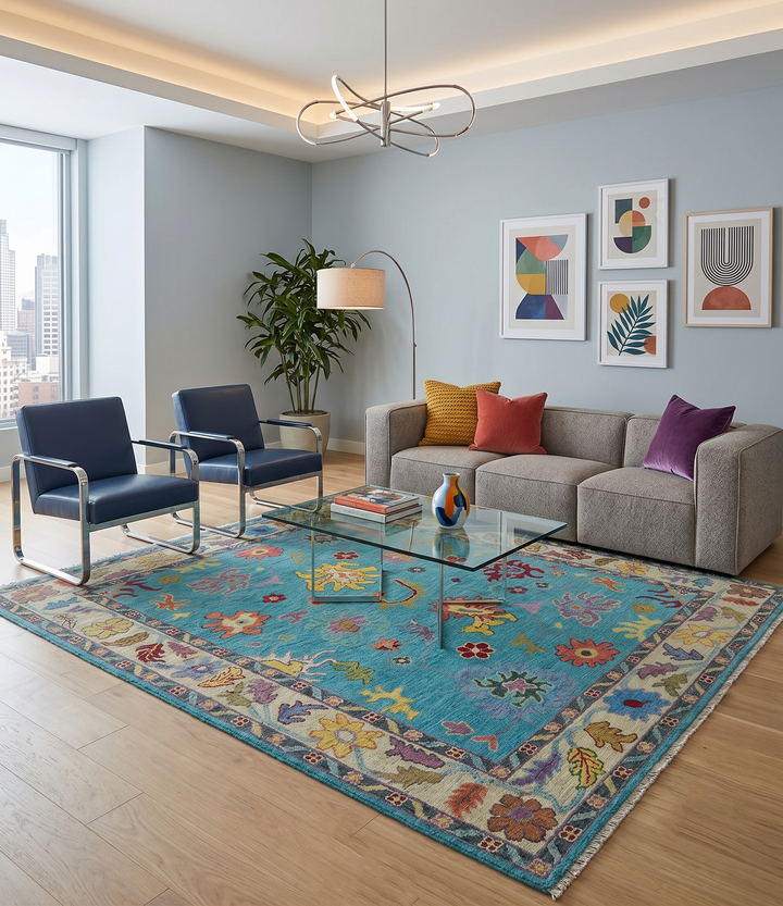 Traditional Blue and Beige Hand knotted Oushak Custom Made Wool Area Rug