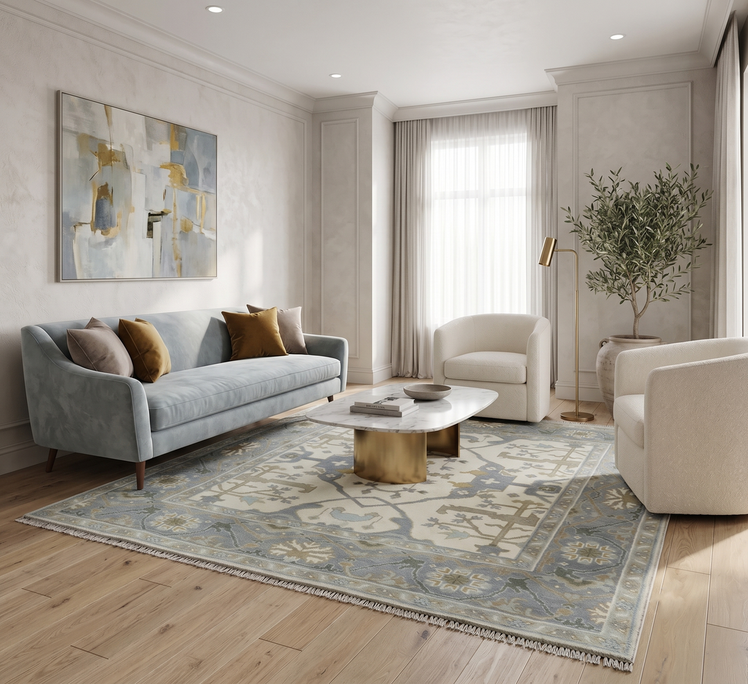 Hand Knotted Oriental Oushak Ivory, Charcoal and Beige Wool Area Rug