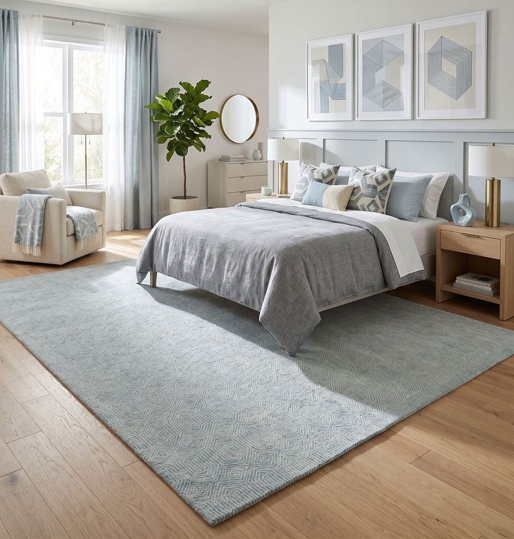 Quick Ship Teal And Ivory Modern Contemporary Hand Tufted 5x8 Wool Rug