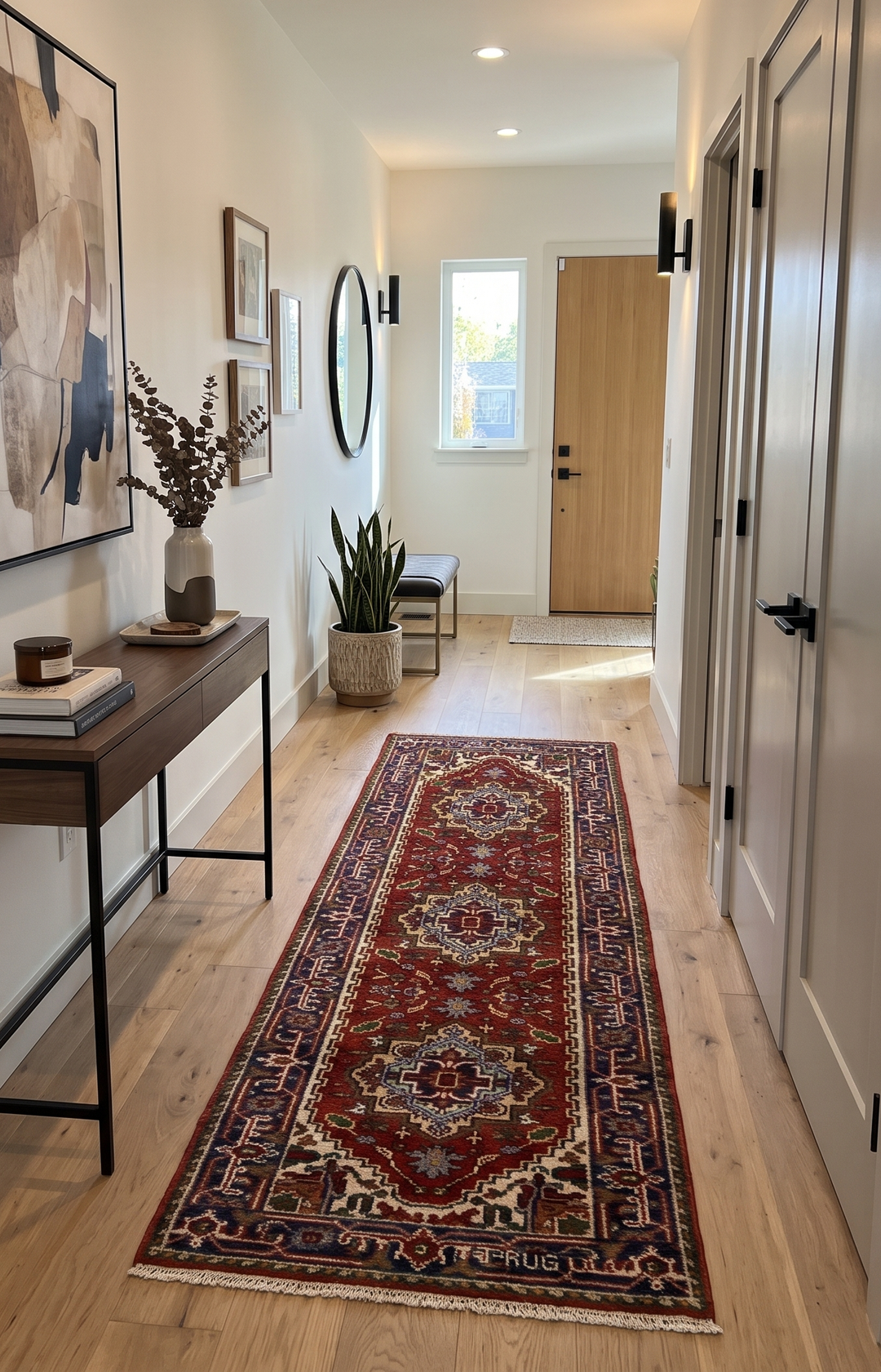 Sera Runner rug laid along a hallway floor, showing its red and blue pattern