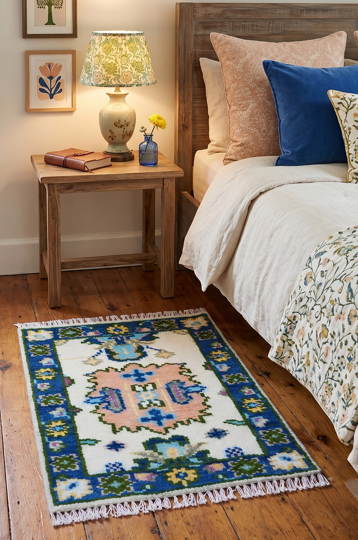 2x3 Ivory And Blue Oushak Hand Knotted Wool Rug
