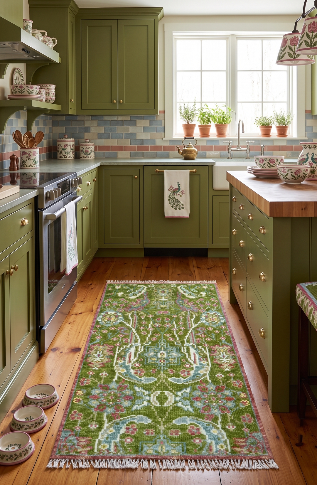 Custom Made Runner The Peacock Garden Green Hand Knotted Wool Rug