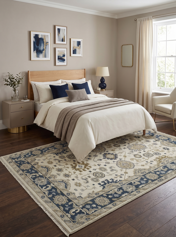 Ivory, Olive and Blue Hand Knotted Traditional Oriental Oushak Custom Made wool rug