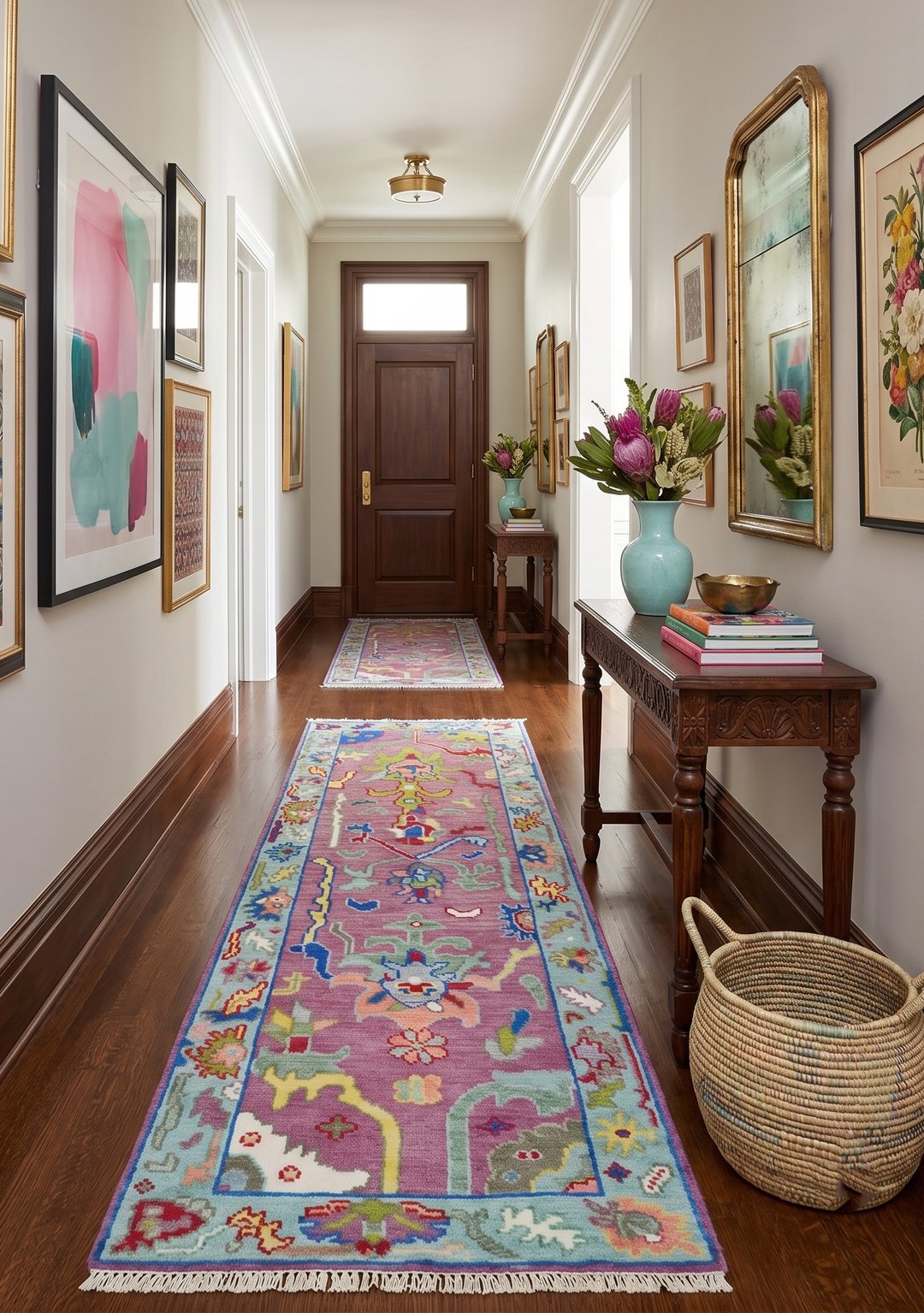 Custom Made Oushak Pink And Blue Runner Hand Knotted Wool Rug