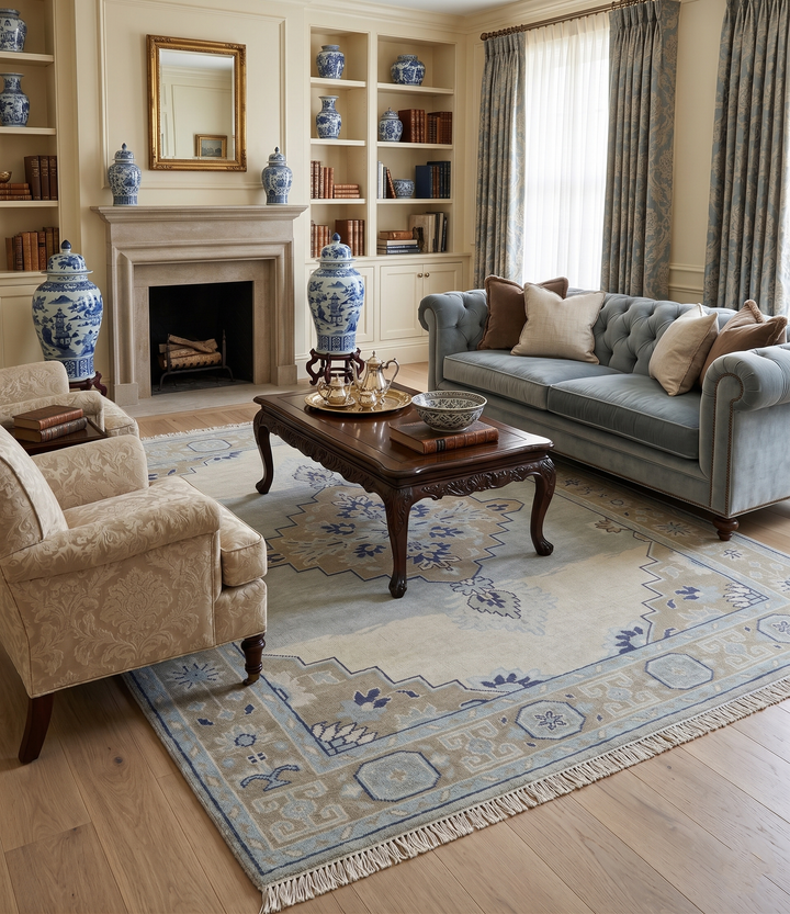 8x10 Hand Knotted Traditional Serapi Blue And Beige Wool Area Rug