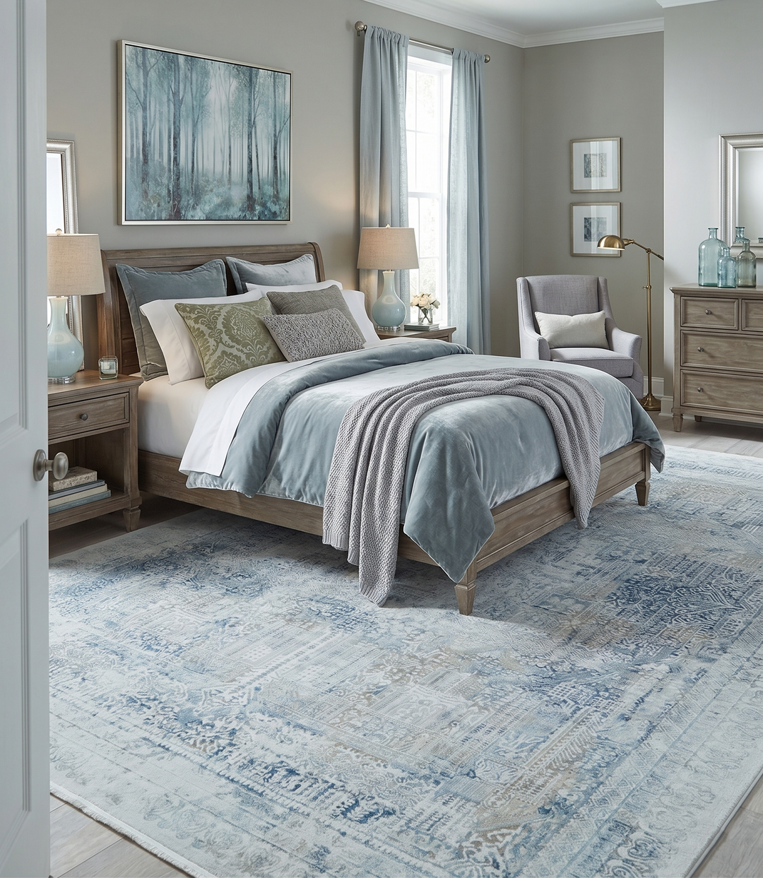 Transitional Blue and Ivory Antique Finish Art Silk Area Rug