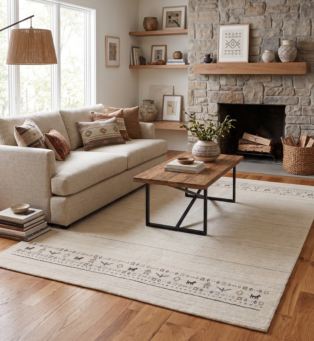 Beige Contemporary Pattern Hand Loomed Wool Area Rug
