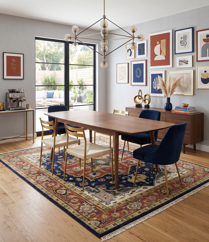 Blue and Rust Hand Knotted Traditional Heriz Style Multi Size Wool Area Rug