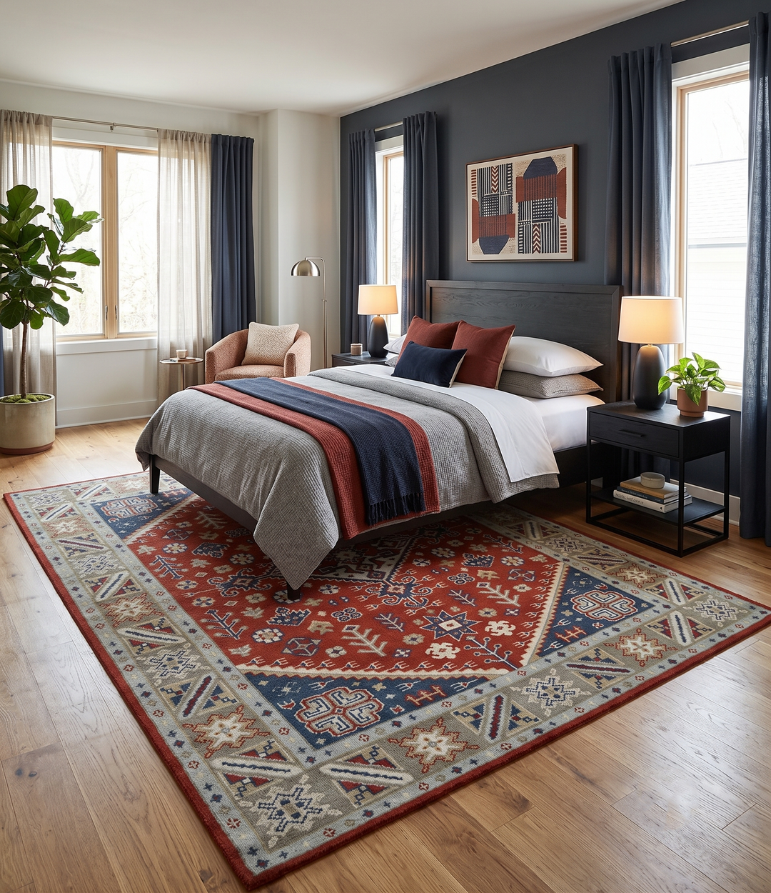 Premium Style Rust, Blue and Beige Hand Knotted Traditional Heriz wool Area Rug