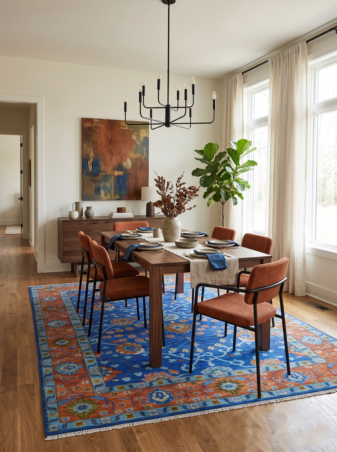 Hand-knotted floral Oushak area rug, blue ground with rust accents in medallion pattern