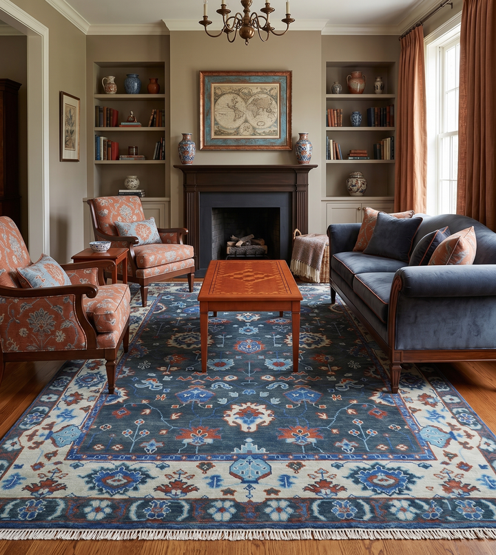 Hand Knotted Teal, Blue and Ivory Traditional Oriental Oushak Wool Area Rug
