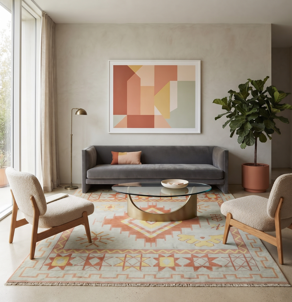 Hand-knotted wool area rug with Southwestern geometric motifs in silver, peach, and mustard