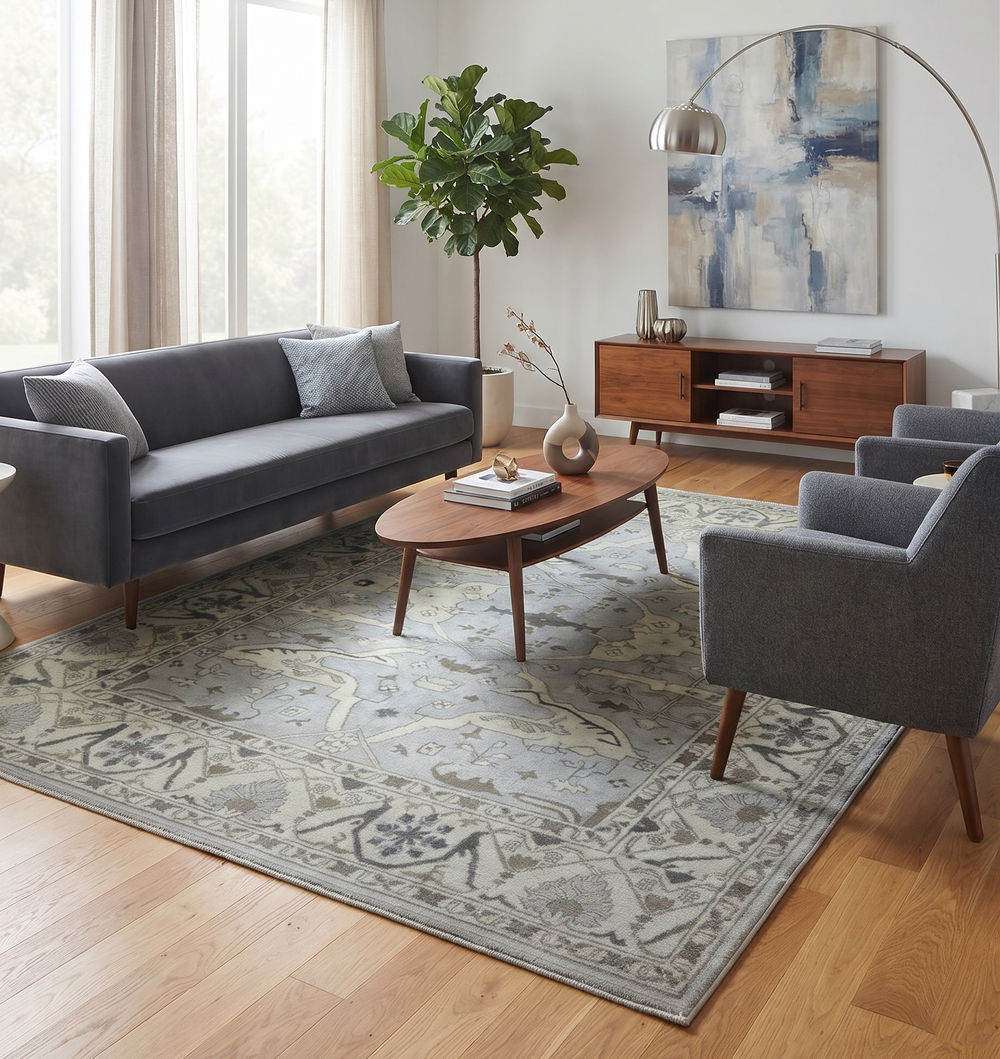 Hand-knotted Oushak wool rug in ivory and silver with a traditional floral border