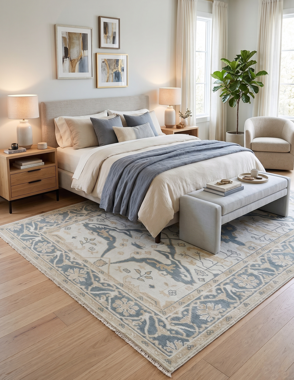 Hand-knotted Oushak wool rug with teal and ivory traditional geometric pattern