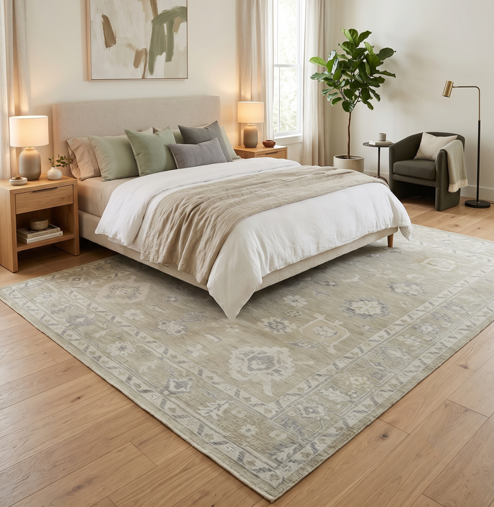 Vintage Style Antique Finish Hand Knotted Camel, Ivory and Charcoal Traditional Oushak Multi Size Wool Area Rug