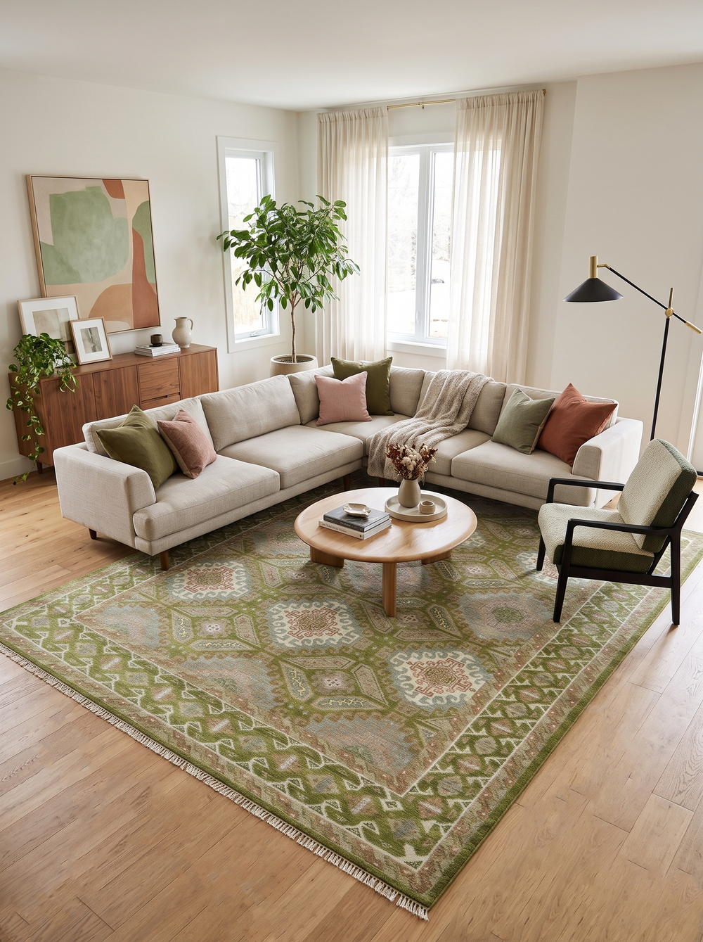Hand-knotted 9x12 wool area rug with green, ivory, and silver oriental pattern