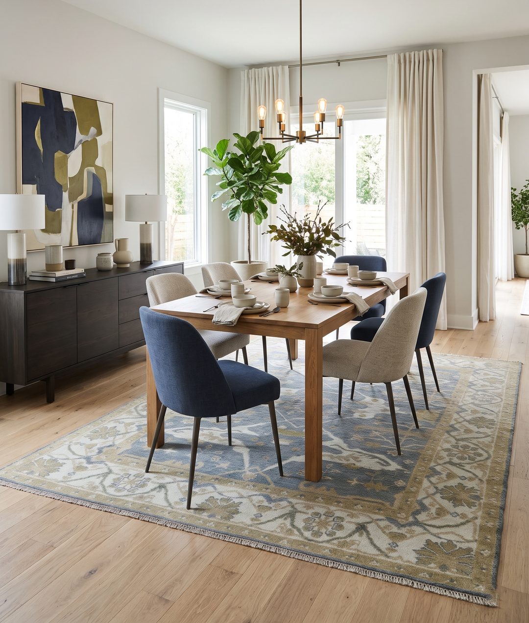 Gray and beige Oushak rug with floral motifs beneath a dining table