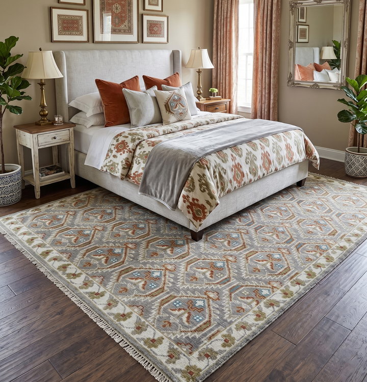 Antique look Traditional Hand Knotted Silver, Ivory and Rust Wool Area Rug
