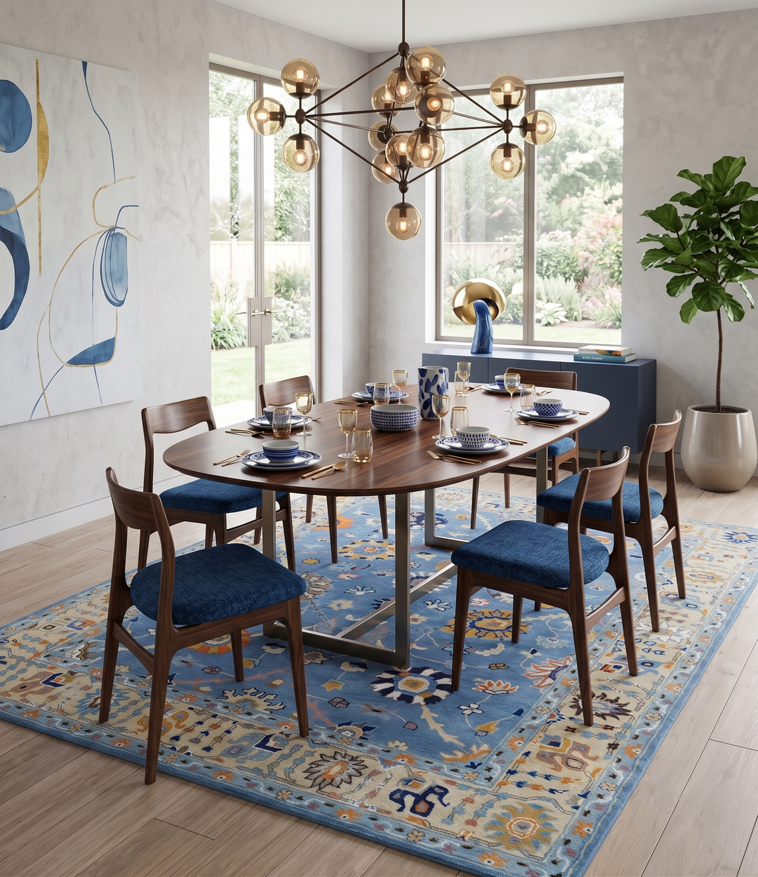 Modern Oushak Blue and Beige Hand Tufted Wool Area Rug