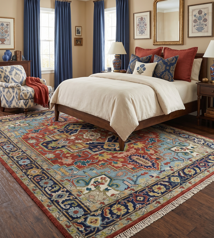 Custom Made Rust and Blue Traditional Medallion Hand Knotted Wool Area Rug