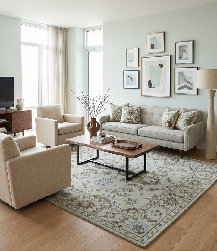 Custom Made Ivory, Taupe and Aqua Traditional Hand Tufted wool area rug