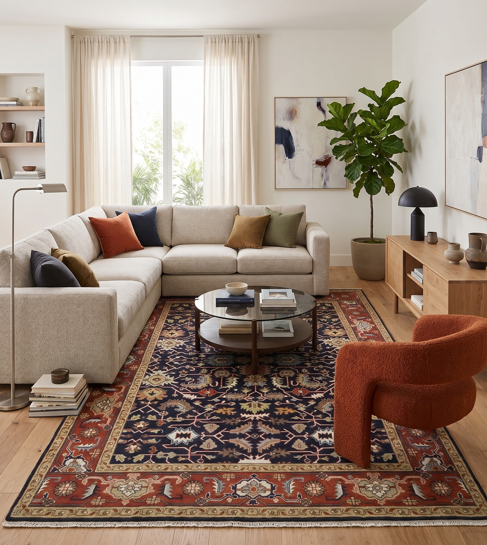 Traditional blue and red rug beneath a coffee table in a living room