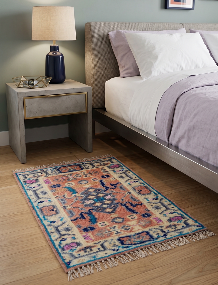 2x3 Traditional Peach And Ivory Hand Knotted Wool Rug