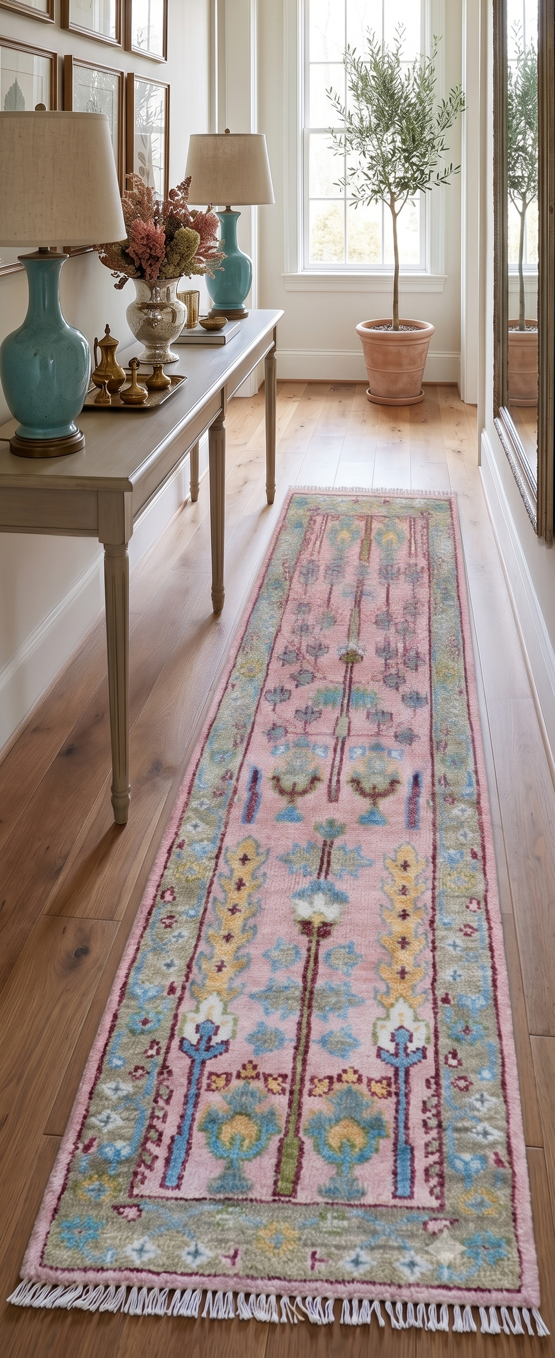 Quick Ship 2.6x8 Hand Knotted Tree of life Pink And Olive Wool Rug
