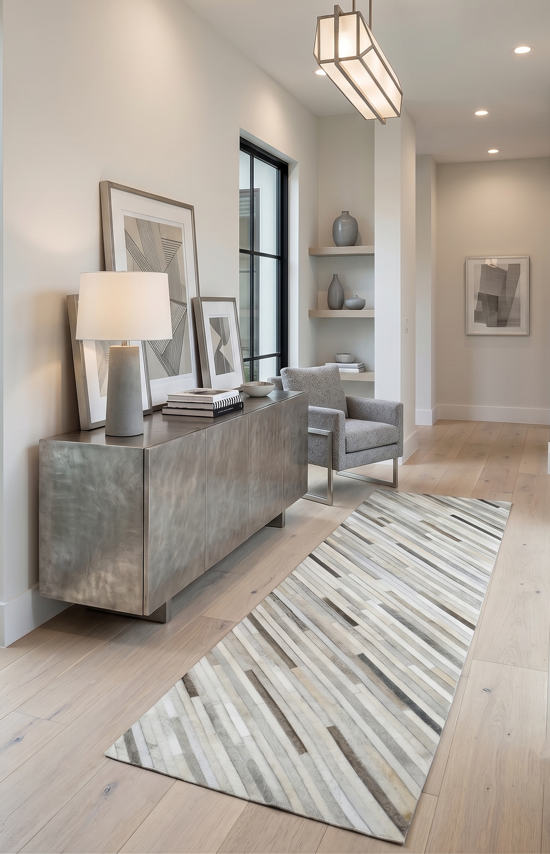 Ready to Ship Modern Beige and Silver Handmade 2.6x8 Leather Rug