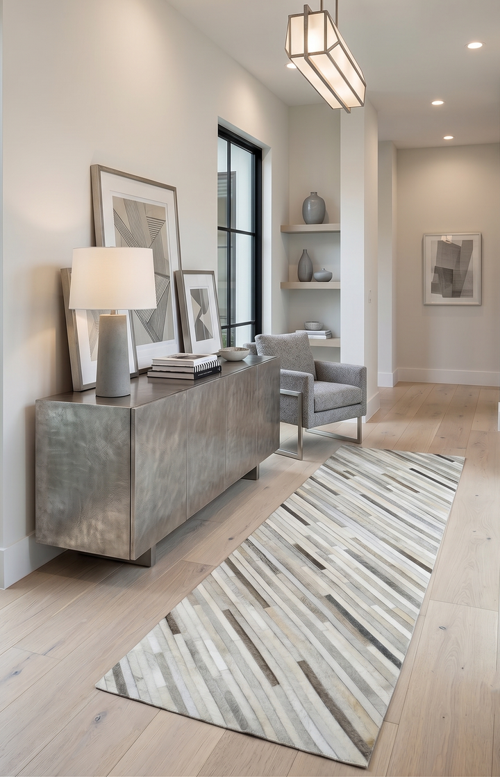 Ready to Ship Modern Beige and Silver Handmade 2.6x8 Leather Rug