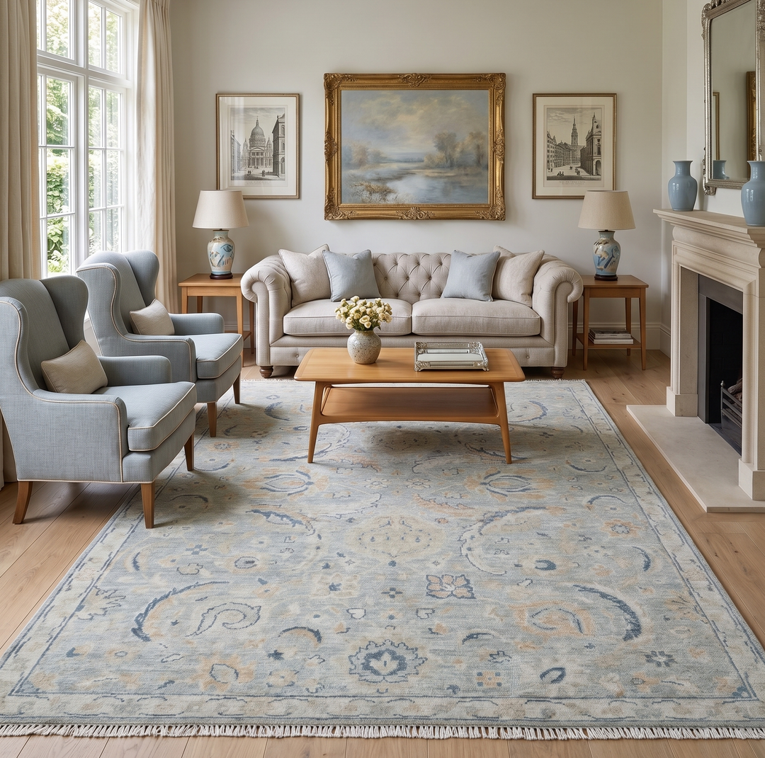 Custom Made Hand Knotted Silver and Blue Traditional Oushak Wool Rug