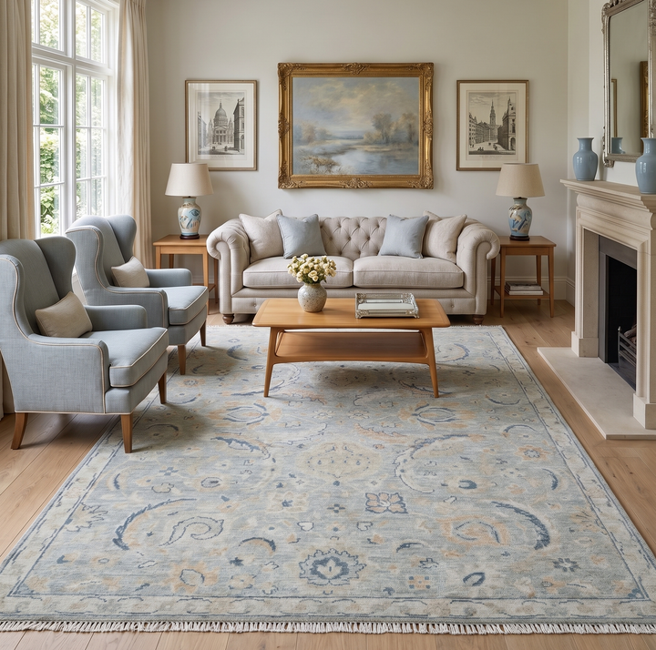 Custom Made Hand Knotted Silver and Blue Traditional Oushak Wool Rug