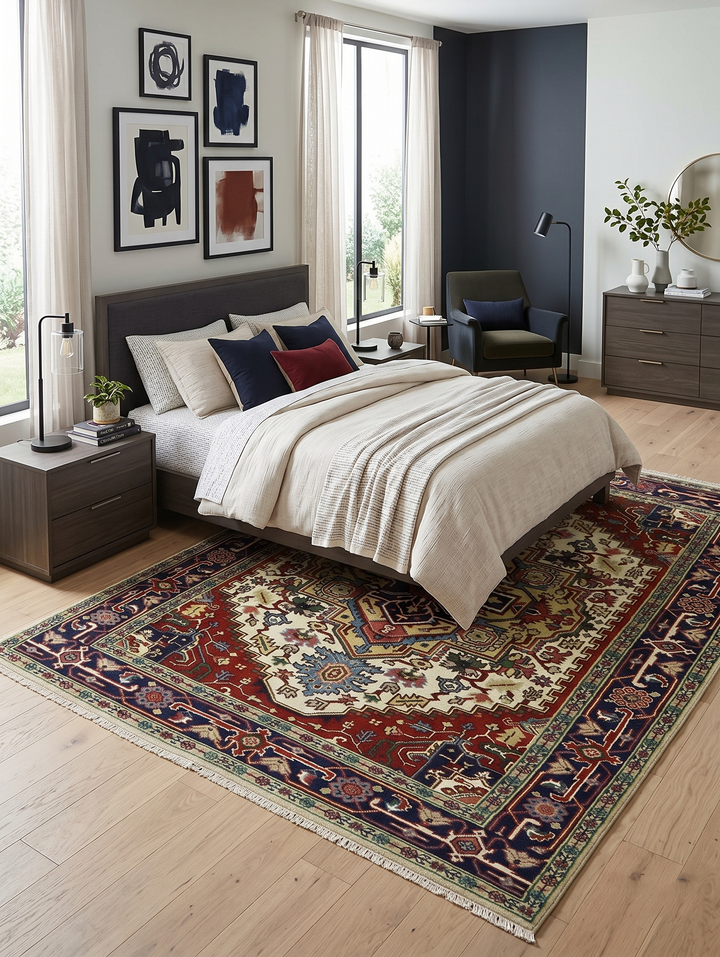 Traditional hand-knotted wool area rug with ivory medallion, maroon border, and navy details